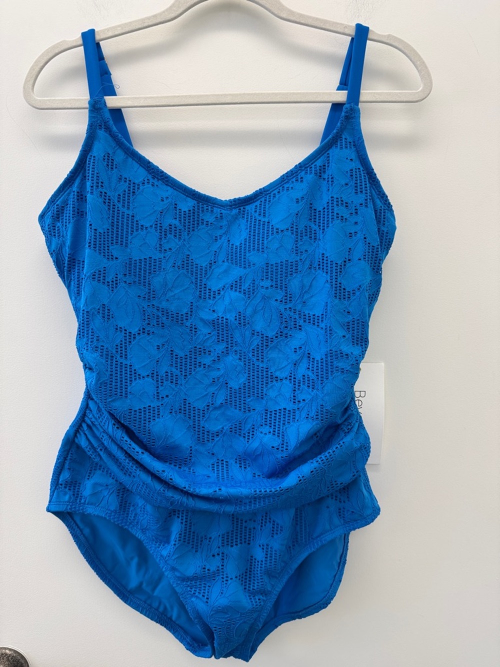 Beyond Control Bright Blue Lace-Overlay One-Piece Swimsuit w/Ruched Waist Detail